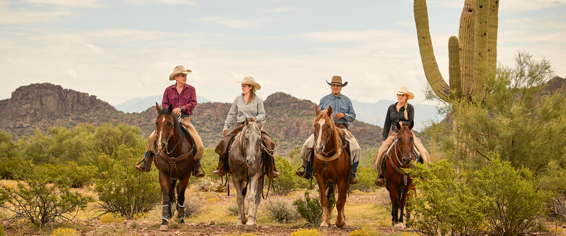 four people on horse back riding through the desert.